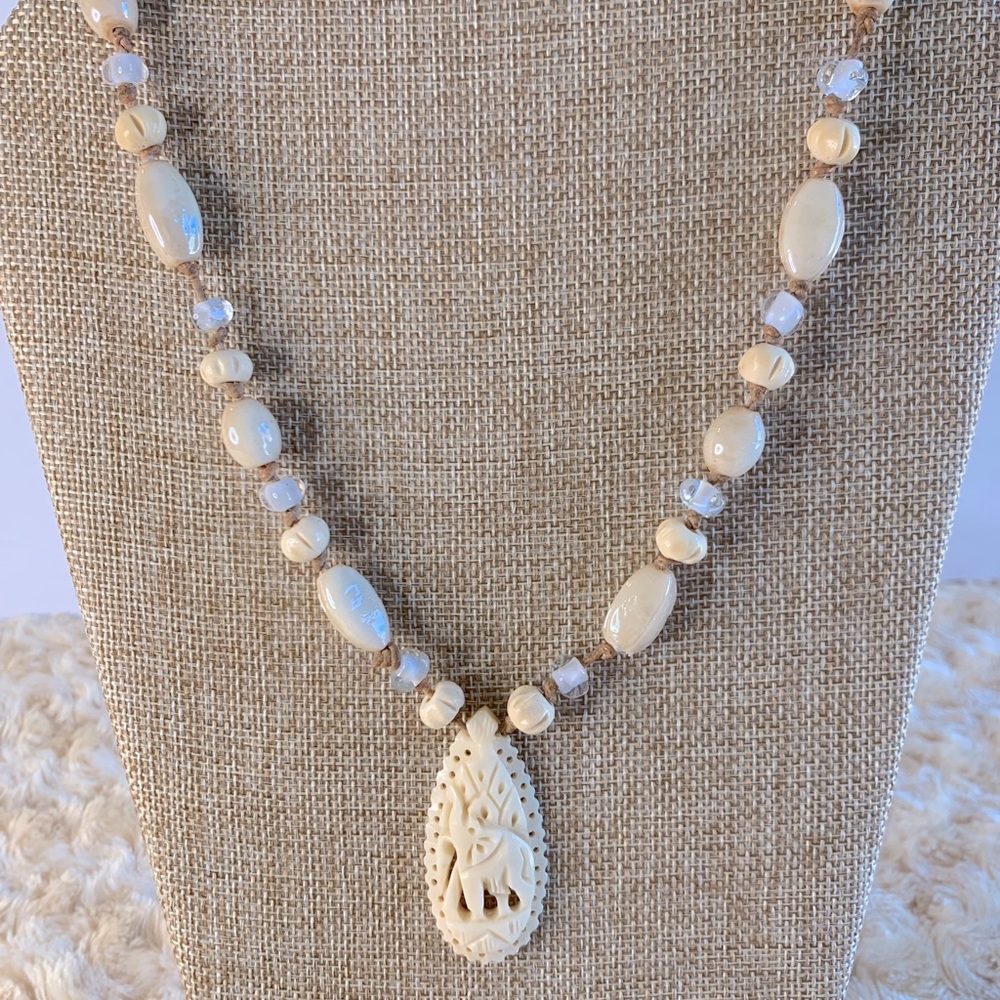 Carved Bone Elephant Cream Bead Quartz Necklace